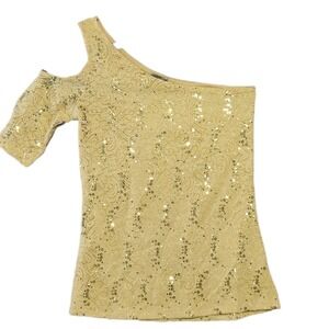 Charlotte Russe One Shoulder Top Womens Medium Yellow Sequin Lace Cold Shoulder